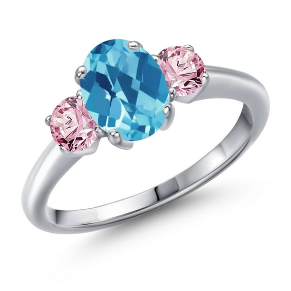 Gem Stone King 1.80 Ct Oval Checkerboard Swiss Blue Topaz Pink Lab Grown Diamond 925 Sterling Silver Ring