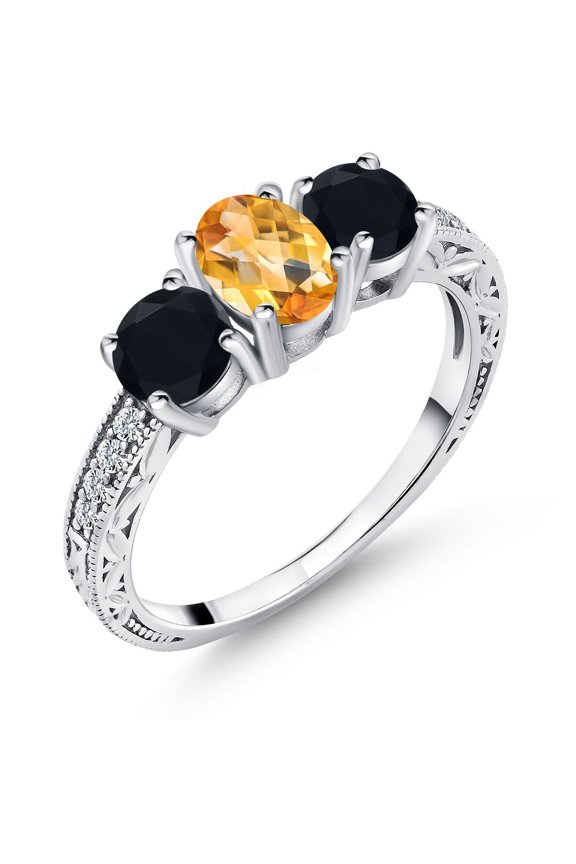 1.80 Ct Oval Checkerboard Yellow Citrine Black Onyx 925 Sterling Silver Ring (Size 5)