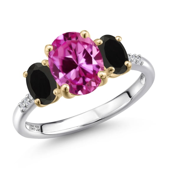 Gem Stone King 925 Silver and 10K Yellow Gold Pink Created Sapphire and Black Onyx and Lab Grown Diamond Engagement Ring for Women | 1.86 Cttw | Oval 9X7MM | September Birthstone | Size 8