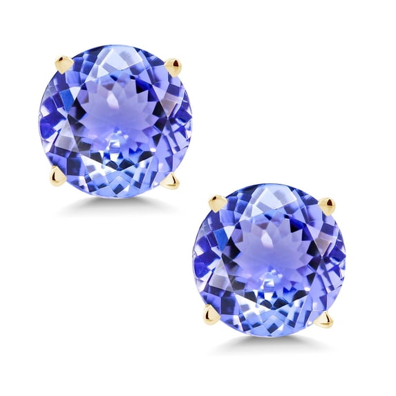 Gem Stone King 1.80 Ct Round 6MM Blue Tanzanite in 14K Yellow Gold Women Stud Earrings