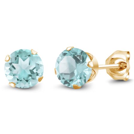 Gem Stone King 1.80 Ct Round 6mm Sky Blue Topaz 18K Yellow Gold Plated Silver Stud Earrings for Women Men