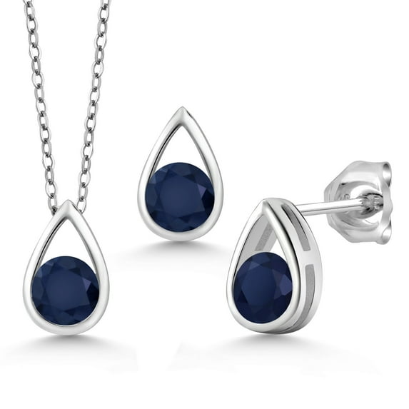 Gem Stone King 1.80 Ct Round Blue Sapphire 925 Sterling Silver Teardrop Pendant and Earrings Jewelry Set With Chain