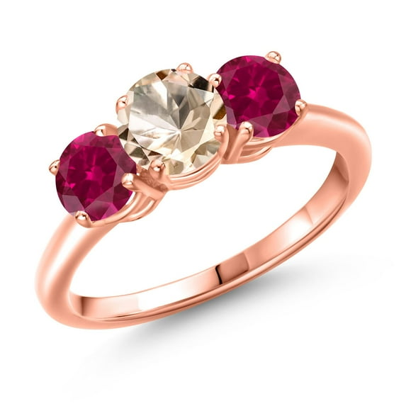 Gem Stone King 18K Rose Gold Plated Silver Peach Morganite and Red Created Ruby Engagement Ring for Women | 1.80 Cttw | Round 6MM | Gemstone October Birthstone | Size 5