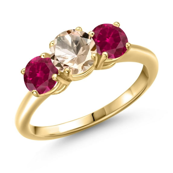 Gem Stone King 18K Yellow Gold Plated Silver Peach Morganite and Red Created Ruby Engagement Ring for Women | 1.80 Cttw | Round 6MM | Gemstone October Birthstone | Size 7