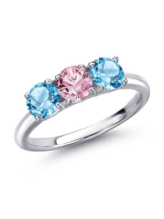 925 Sterling Silver Pink Lab Grown Diamond and Swiss Blue Topaz Engagement Ring for Women | 1.80 Cttw | Round 5MM | Gemstone April Birthstone | Size 9