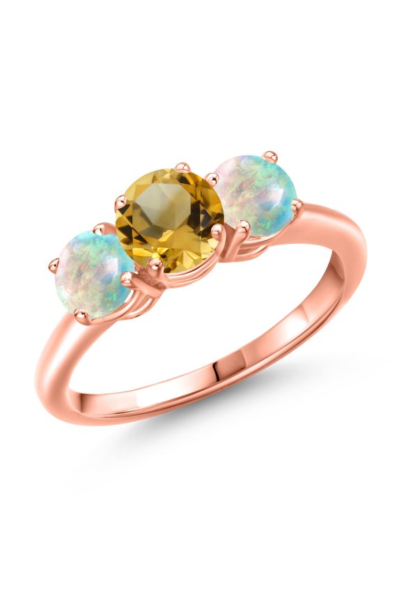 18K Rose Gold Plated Silver Yellow Citrine and Simulated White Opal Engagement Ring for Women | 1.80 Cttw | Round 6MM | Gemstone November Birthstone | Size 5