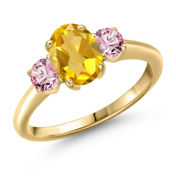 Gem Stone King 1.80 Ct Yellow Citrine Pink Lab Grown Diamond 18K Yellow Gold Plated Silver Ring