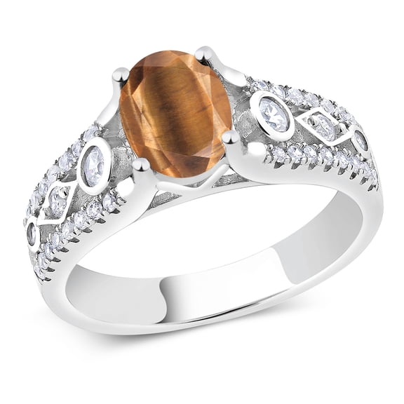 Gem Stone King 1.81 Ct Oval Brown Tiger Eye 925 Sterling Silver Ring