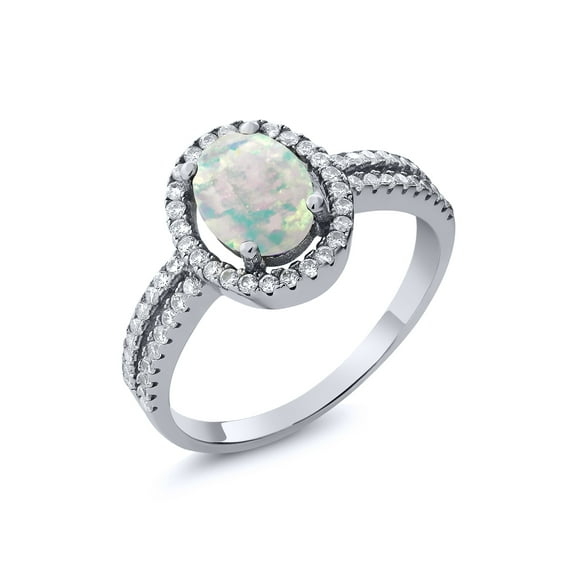 Gem Stone King 925 Sterling Silver Oval Cabochon White Simulated Opal Ring for Women | 1.81 Cttw | Gemstone Birthstone | Available in Size 5, 6, 7, 8, 9