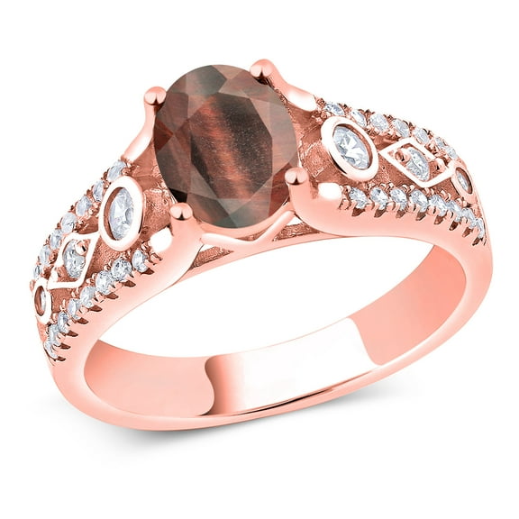 Gem Stone King 1.81 Ct Oval Red Tiger Eye 18K Rose Gold Plated Silver Ring