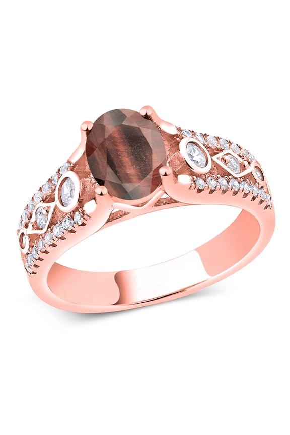 1.81 Ct Oval Red Tiger Eye 18K Rose Gold Plated Silver Ring