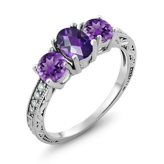 Gem Stone King 1.82 Ct Oval Checkerboard Purple Amethyst 925 Sterling Silver Moissanite Ring (Size 5)
