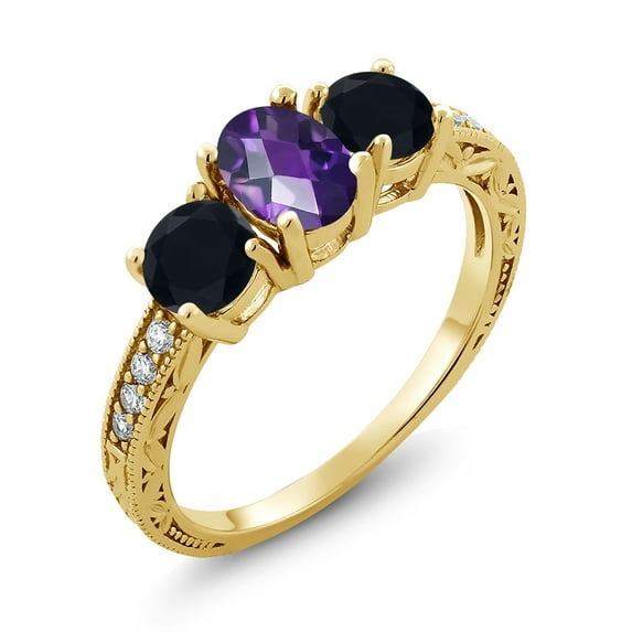 Gem Stone King 1.82 Ct Oval Checkerboard Purple Amethyst Black Onyx 18K Yellow Gold Plated Silver Moissanite Ring (Size 9)