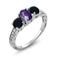 thumbnail image 1 of Gem Stone King 1.82 Ct Oval Checkerboard Purple Amethyst Black Onyx 925 Sterling Silver Moissanite Ring (Size 9), 1 of 4