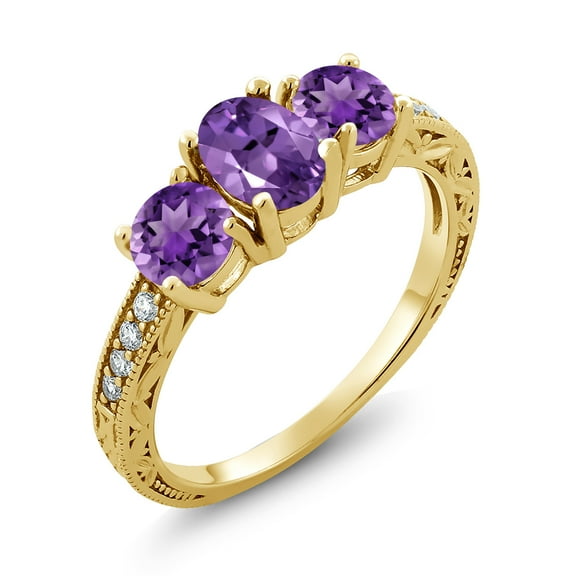 Gem Stone King 1.82 Ct Oval Purple Amethyst 18K Yellow Gold Plated Silver Moissanite Ring (Size 5)