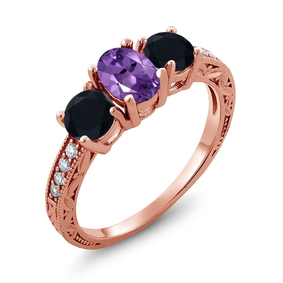 Gem Stone King 1.82 Ct Oval Purple Amethyst Black Onyx 18K Rose Gold Plated Silver Moissanite Ring (Size 5)