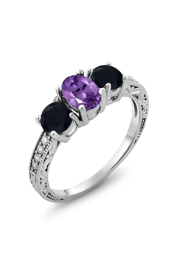 1.82 Ct Oval Purple Amethyst Black Onyx 925 Sterling Silver Moissanite Ring (Size 6)