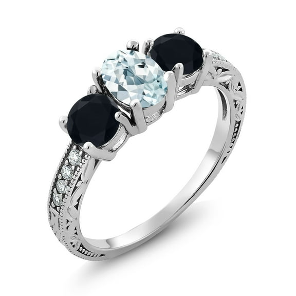 Gem Stone King 1.82 Ct Oval Sky Blue Aquamarine Black Onyx 925 Sterling Silver Moissanite Ring (Size 5)