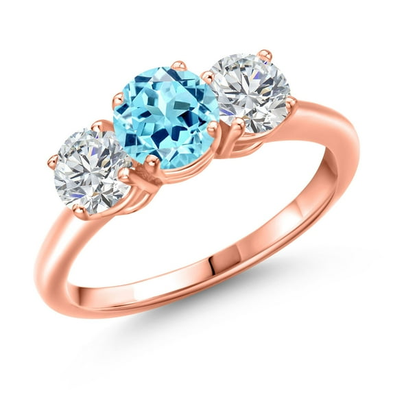 Gem Stone King 18K Rose Gold Plated Silver Blue Apatite and Lab Grown Diamond Engagement Ring for Women | 1.82 Cttw | Round 6MM | Gemstone Birthstone | Size 9