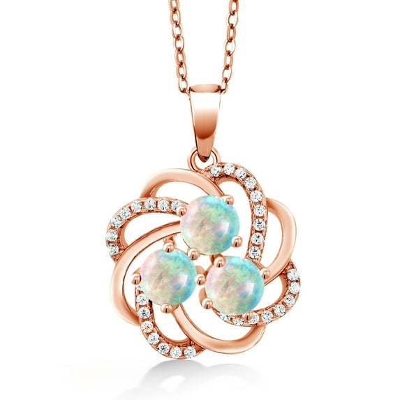 Gem Stone King 1.82 Ct Round Cabochon White Simulated Opal 18K Rose Gold Plated Silver Pendant