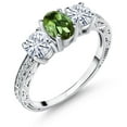 thumbnail image 1 of Gem Stone King 1.82 Cttw 7X5MM Oval Green Tourmaline and 5MM Round Moissanite 3-Stone Ring for Women | 925 Sterling Silver | Three Stone Wedding Engagement Anniversary Promise Ring for Women, 1 of 6