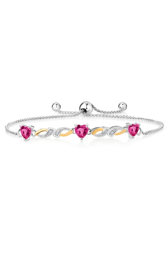 1.83 Ct Heart Shape Pink Created Sapphire 925 Silver and 10K Yellow Gold Lab Grown Diamond Bracelet for Women
