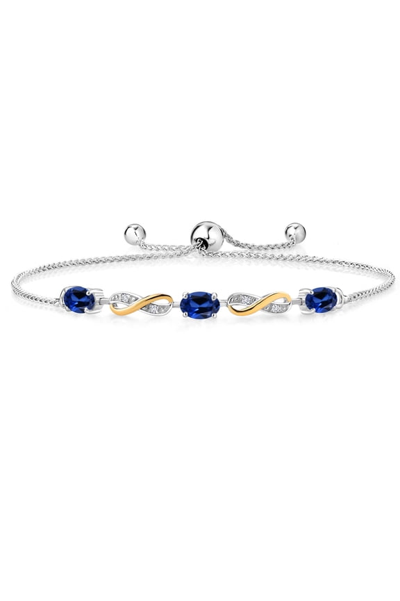 1.83 Ct Oval Blue Created Sapphire 925 Silver and 10K Yellow Gold Lab Grown Diamond Adjustable Infinity Bracelet for Women Mother's Mom Wife Her