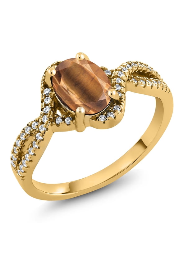 1.83 Ct Oval Brown Tiger Eye 18K Yellow Gold Plated Silver Ring (Size 8)