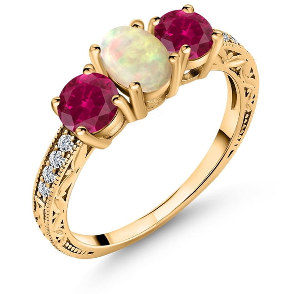 Gem Stone King 1.83 Cttw Oval Cabochon White Ethiopian Opal Red Created Ruby 18K Yellow Gold Plated Silver Ring for Women | Wedding Engagement Anniversary Promise Ring for Women