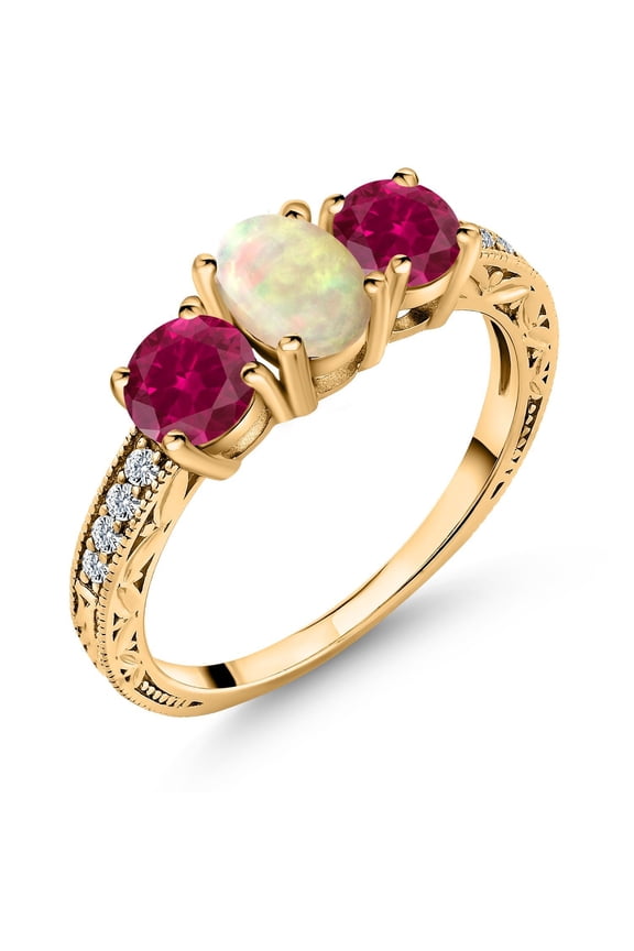 1.83 Cttw Oval Cabochon White Ethiopian Opal Red Created Ruby 18K Yellow Gold Plated Silver Ring for Women | Wedding Engagement Anniversary Promise Ring for Women