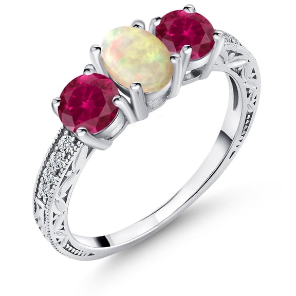 Gem Stone King 1.83 Ct Oval Cabochon White Ethiopian Opal Red Created Ruby 925 Sterling Silver Ring (Size 8)