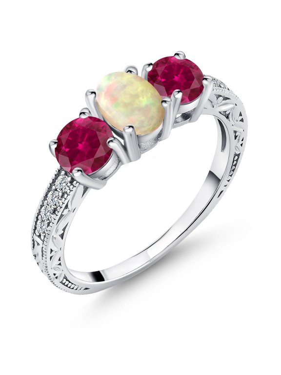 1.83 Ct Oval Cabochon White Ethiopian Opal Red Created Ruby 925 Sterling Silver Ring (Size 6)