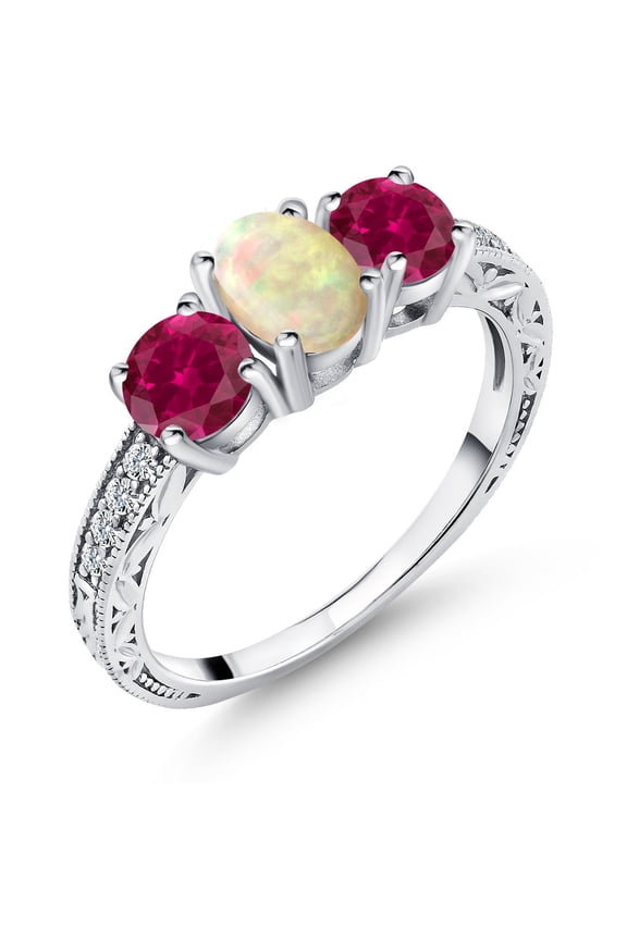 1.83 Ct Oval Cabochon White Ethiopian Opal Red Created Ruby 925 Sterling Silver Ring (Size 6)