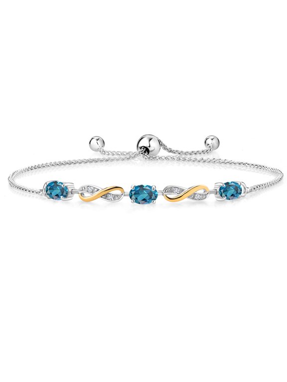 1.83 Ct Oval London Blue Topaz 925 Silver and 10K Yellow Gold Lab Grown Diamond Adjustable Infinity Bracelet for Women Mother's Mom Wife Her
