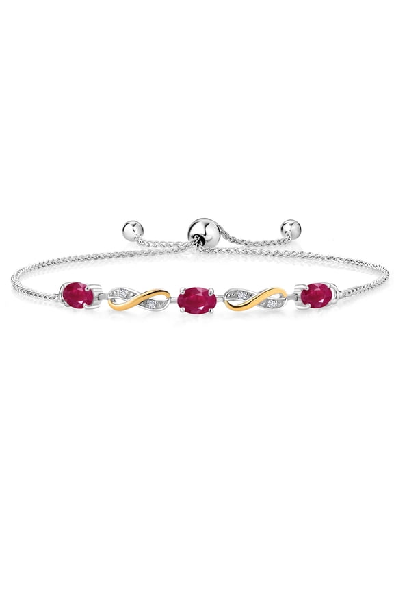 1.83 Ct Oval Red Ruby 925 Silver and 10K Yellow Gold Lab Grown Diamond Adjustable Infinity Bracelet for Women Mother's Mom Wife Her