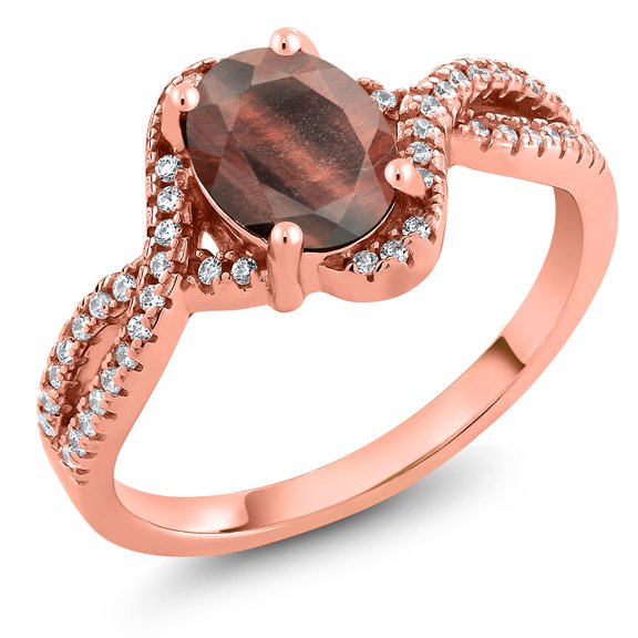 Gem Stone King 1.83 Ct Oval Red Tiger Eye 18K Rose Gold Plated Silver Ring (Size 5)
