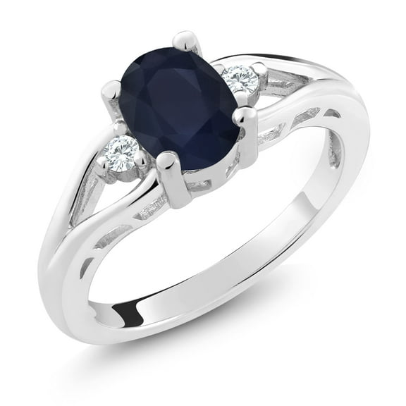 Gem Stone King 1.83 Cttw Blue Sapphire and White Created Sapphire 3 Stone Engagement Ring for Women in 925 Sterling Silver | Oval 8X6MM | Round 2MM | Gemstone Birthstone | Available in Size 5,6,7,8,9