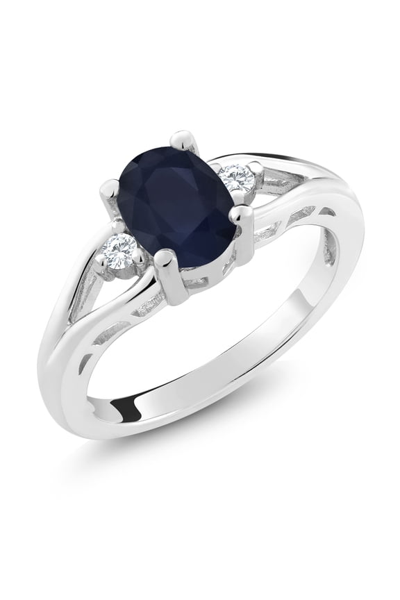 1.83 Cttw Blue Sapphire and White Created Sapphire 3 Stone Engagement Ring for Women in 925 Sterling Silver | Oval 8X6MM | Round 2MM | Gemstone Birthstone | Available in Size 5,6,7,8,9