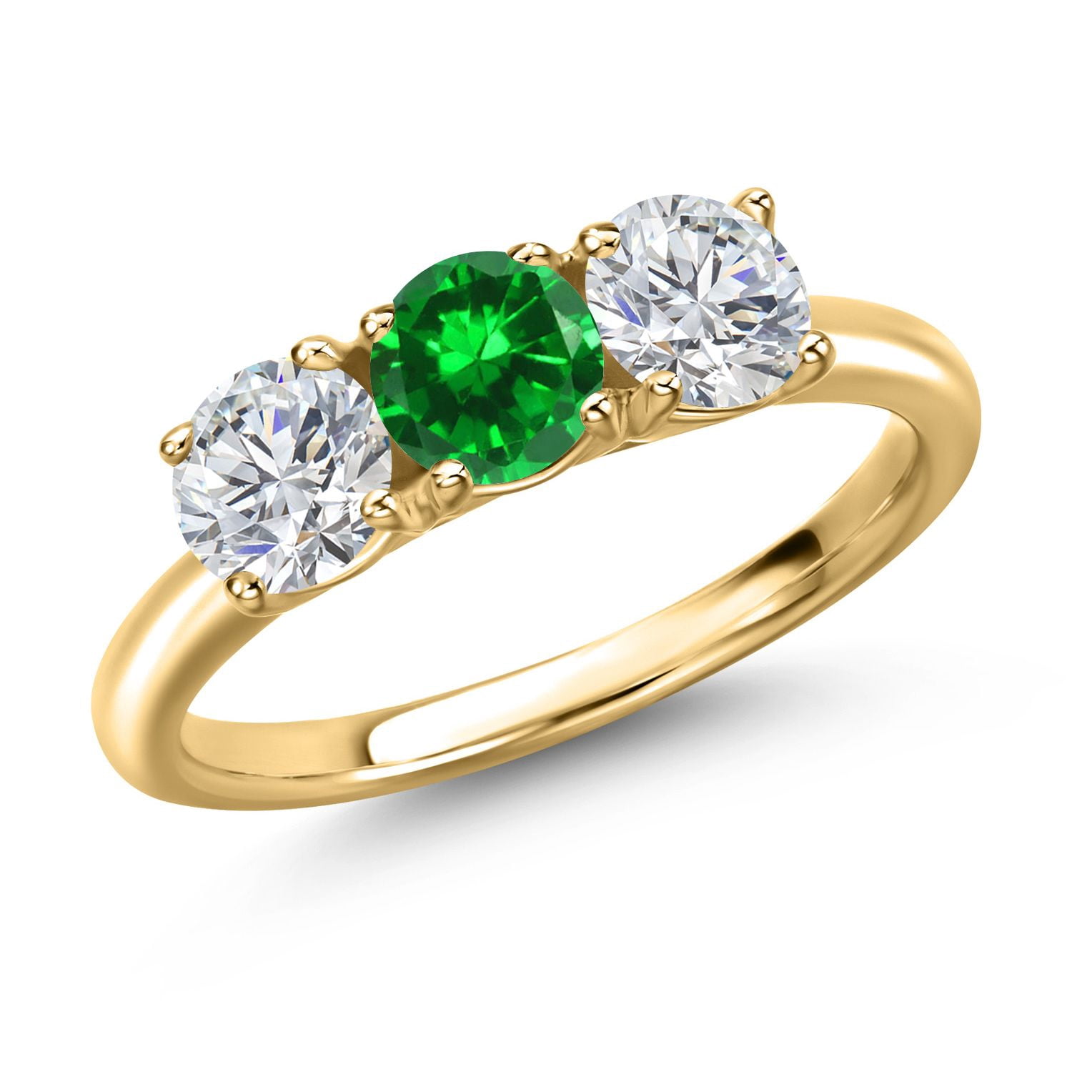 Gem Stone King 18K Yellow Gold Plated Silver Green Created Emerald and Lab Grown Diamond Engagement Ring for Women | 1.84 Cttw | Round 5MM | Gemstone May Birthstone | Size 8