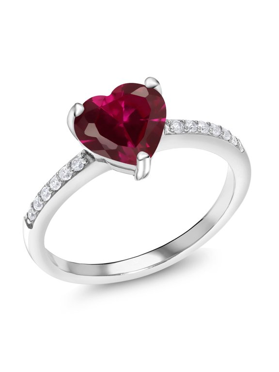 1.84 Cttw Red Created Ruby Ring in 925 Sterling Silver | 8MM Heart Ring for Women | Available in Size 5, 6, 7, 8, 9