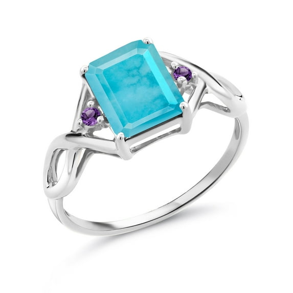 Gem Stone King 1.85 Ct Emerald Cut Green Turquoise Purple Amethyst 925 Sterling Silver Ring (Size 9)