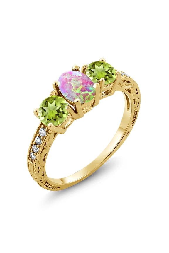 1.85 Ct Oval Cabochon Pink Simulated Opal Green Peridot 18K Yellow Gold Plated Silver Moissanite Ring (Size 7)