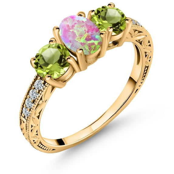 Gem Stone King 1.85 Cttw Oval Cabochon Pink Simulated Opal and Green Peridot Ring for Women | 18K Yellow Gold Plated Silver | Wedding Engagement Anniversary Promise Ring for Women | Size 8