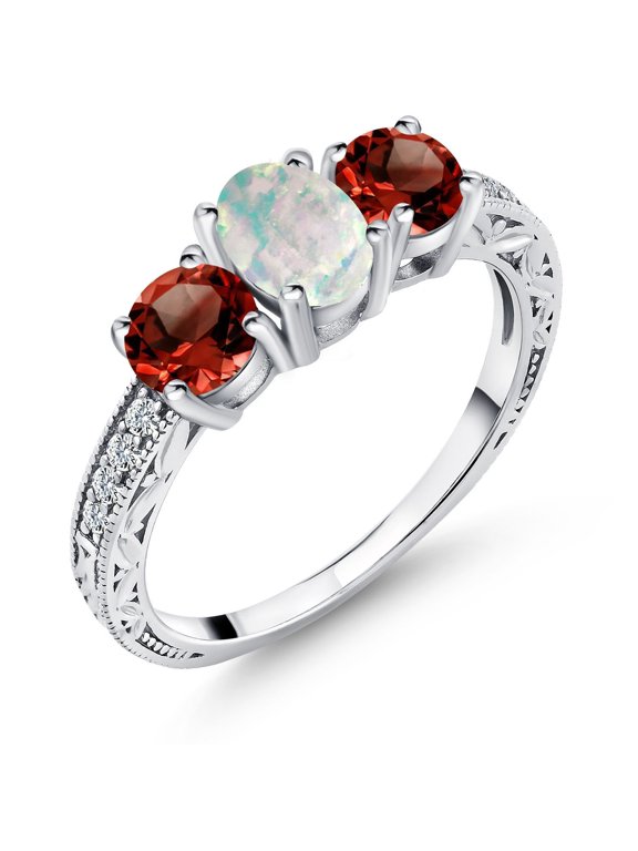 Oval Cabochon White Simulated Opal Red Garnet 1.85 Ct in 925 Sterling Silver Ring (Size 7)
