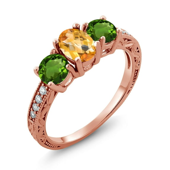 Gem Stone King 1.85 Ct Oval Checkerboard Yellow Citrine Green Chrome Diopside 18K Rose Gold Plated Silver Moissanite Ring (Size 8)