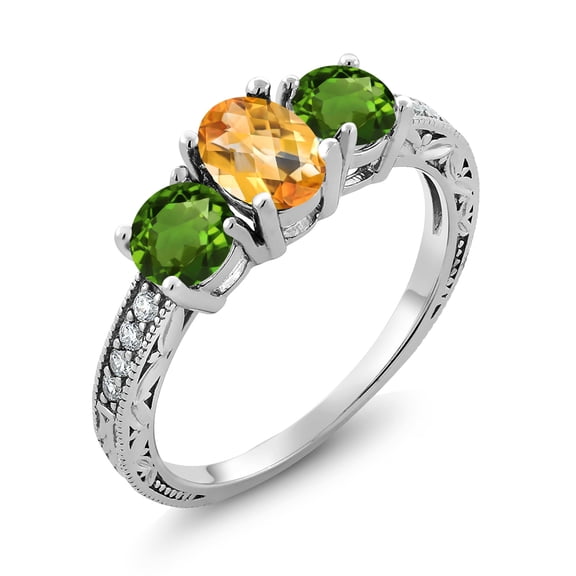 Gem Stone King 1.85 Ct Oval Checkerboard Yellow Citrine Green Chrome Diopside 925 Sterling Silver Moissanite Ring (Size 5)