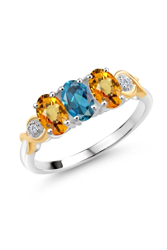 1.85 Ct Oval London Blue Topaz Yellow Sapphire 925 Silver and 10K Yellow Gold G-H Lab Grown Diamond Women Ring (Size 9)