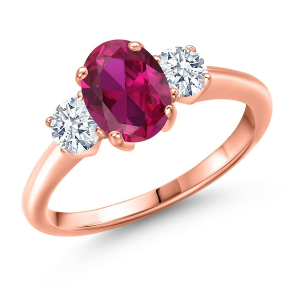 Gem Stone King 1.85 Ct Oval Red Created Ruby 18K Rose Gold Plated Silver Ring