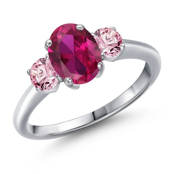 Gem Stone King 1.85 Ct Oval Red Created Ruby Pink Lab Grown Diamond 925 Sterling Silver Ring