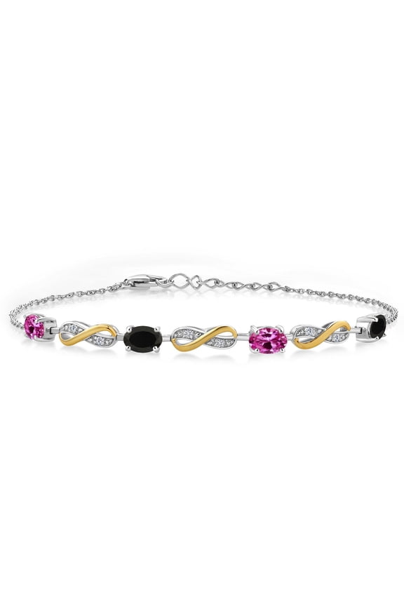 1.85 Ct Pink Created Sapphire Black Onyx 925 Silver and 10K Yellow Gold Lab Grown Diamond Infinity Bracelet for Women Mother's Mom Wife Her, Fully Adjustable up to 7.5 inch)